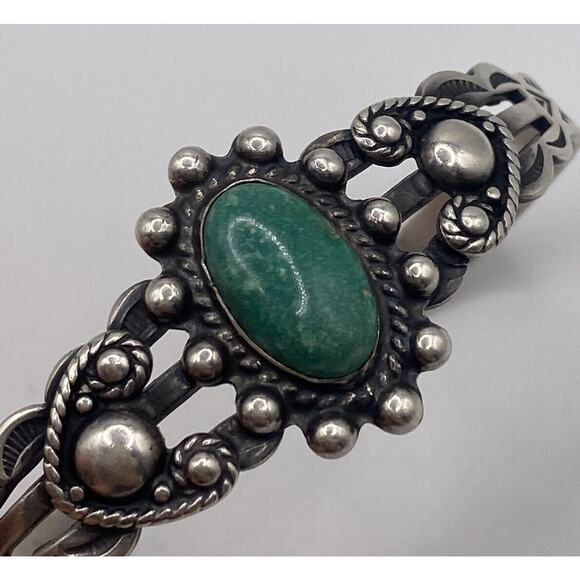 VTG Bell Trading Fred Harvey Era Sterling Turquoise Heart Stamped Cuff Bracelet - Picture 4 of 5